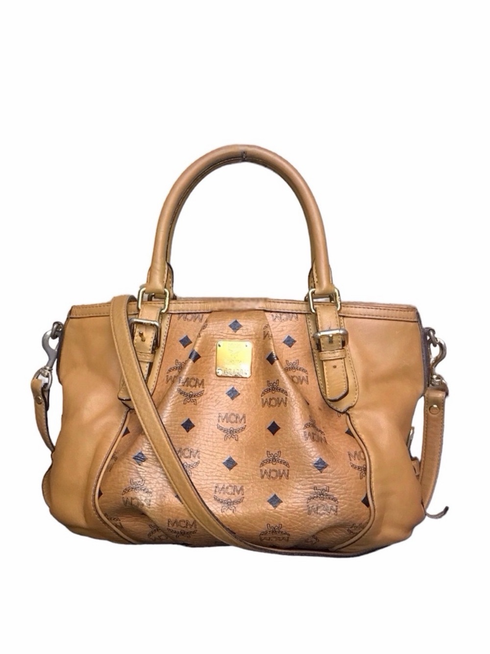 MCM Tan Cognac Visetos Logo Leather Satchel